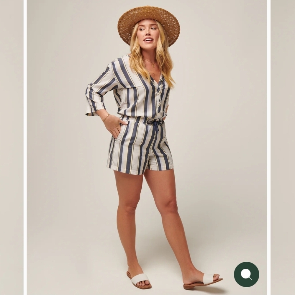 Travis Mathew Striped V-Neck Short Jumpsuit in White and Blue